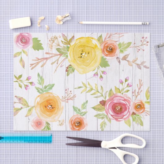 rustiek geel roze bloemige waterverf, hout tissuepapier (Craft)