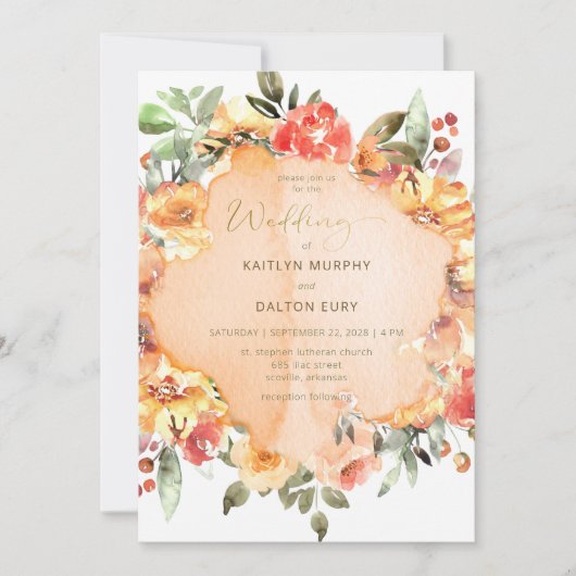 Rustiek Geel Sinaasappel & Perzik Rozen Bruiloft Kaart (Voorkant)