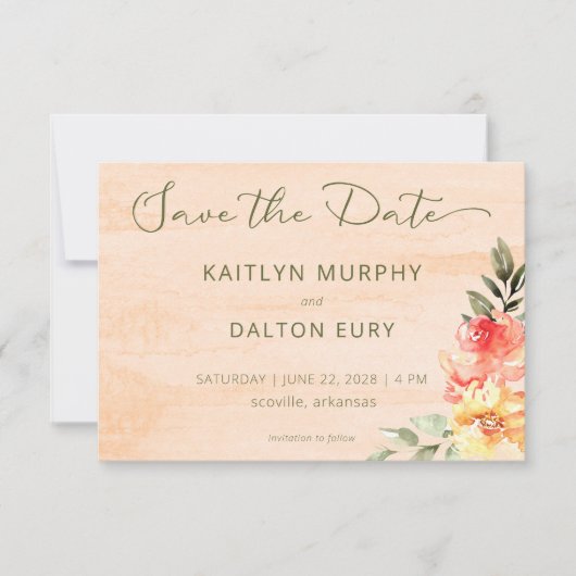 Rustiek geel Sinaasappel & perzik Rozen Save The Date (Voorkant)