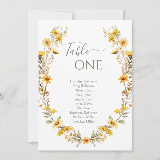 Rustiek Geel Wildflower Trouwtafel Nummers Kaart (Voorkant)