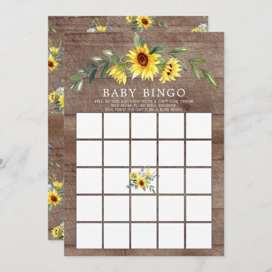 Rustiek Geel Zonnebloem BINGO Baby shower spel Kaart (Voorkant / Achterkant)