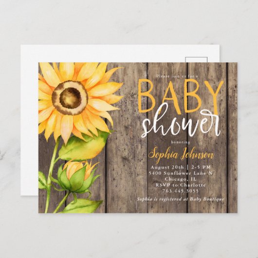 Rustiek Geel Zonnebloem Bloemen Baby shower Uitnodiging Briefkaart (Voorkant / Achterkant)