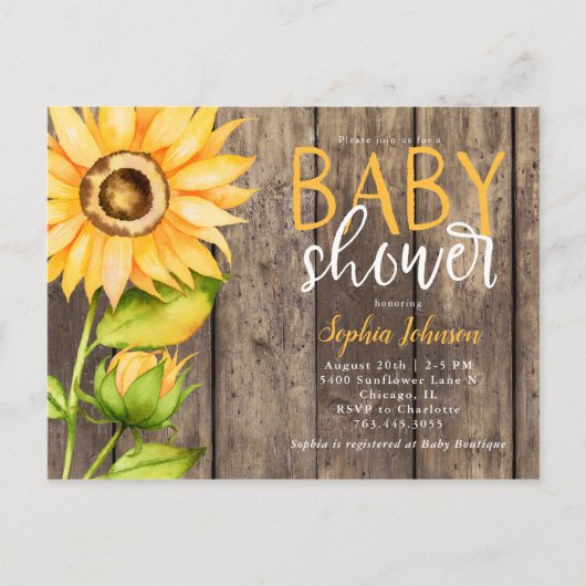 Rustiek Geel Zonnebloem Bloemen Baby shower Uitnodiging Briefkaart (Voorkant)