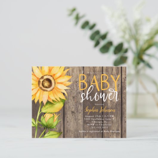 Rustiek Geel Zonnebloem Bloemen Baby shower Uitnodiging Briefkaart (Staand voorkant)