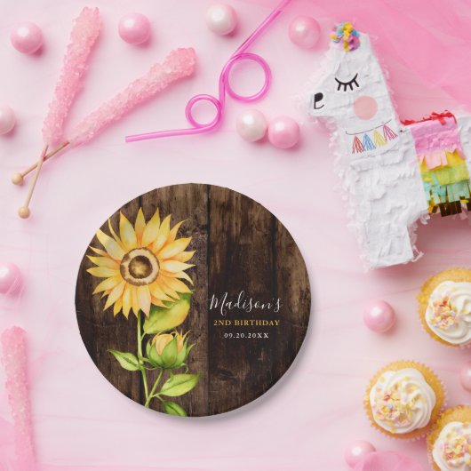 Rustiek Geel Zonnebloem Verjaardagsfeest Papieren Bordje (Feest)