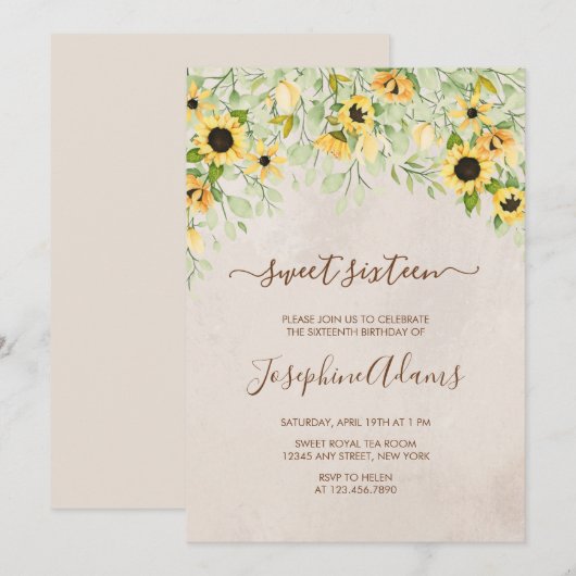 Rustiek Geel Zonnebloem Waterverf Sweet Sixteen Kaart (Voorkant / Achterkant)