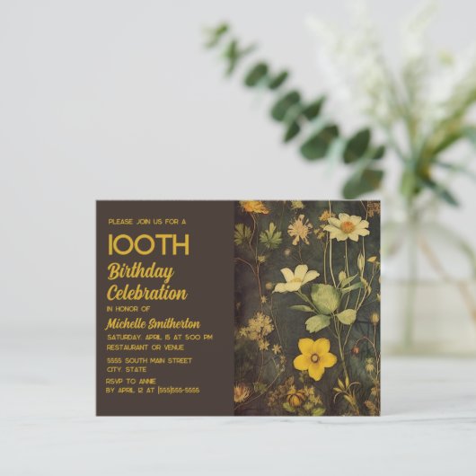 Rustiek  Geel Zwart Bloemen 100e Verjaardag Uitnodiging Briefkaart (Staand voorkant)