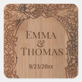 Rustiek gegraveerd hout trouwnaam Floral Vierkante Sticker