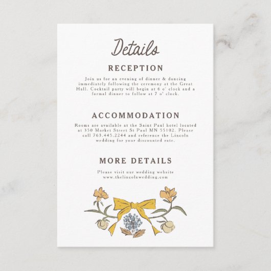 Rustiek Gele Bogen En Bloemen Trouwdetails Informatiekaartje (Voorkant)
