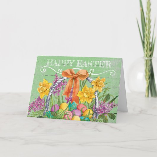 Rustiek Gelukkig Pasen Bloemenmand met Eieren Feestdagen Kaart (Voorkant)