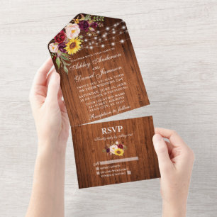 Rustiek Gemengde Bloemen Hout String Lights Weddin All In One Uitnodiging