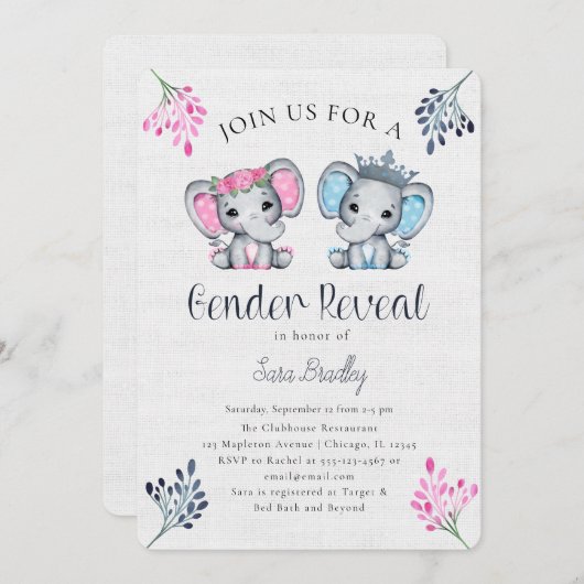 Rustiek Geslacht onthullen jute olifant baby showe Kaart (Voorkant / Achterkant)