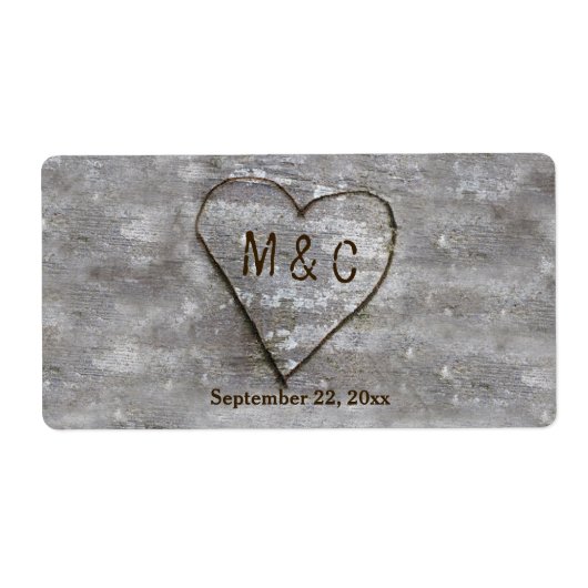 Rustiek gesneden berk hart monogram etiket (Voorkant)