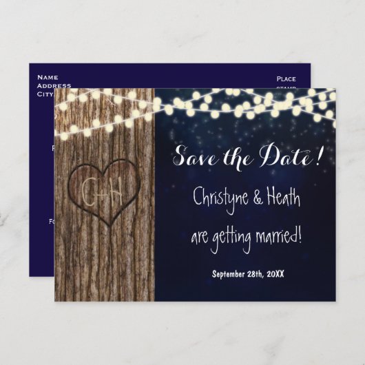 Rustiek gesneden boomhart Save Date Briefkaart (Voorkant / Achterkant)