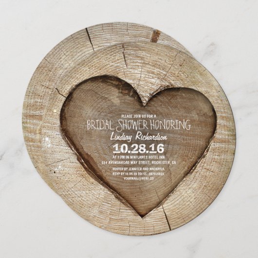 Rustiek gesneden boomhout hart vrijgezellenfeest kaart (Voorkant / Achterkant)