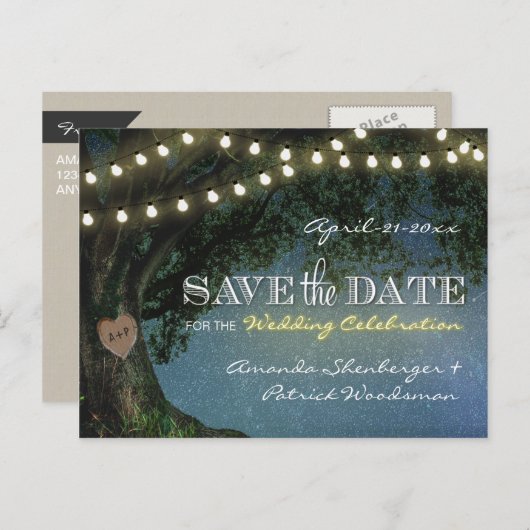 Rustiek gesneden eikenboom bruiloft Save the Date Aankondigingskaart (Voorkant / Achterkant)