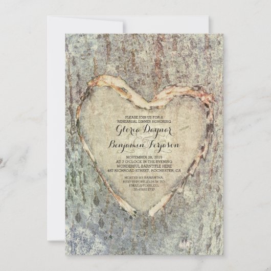 Rustiek gesneden hartboom repetitiediner kaart (Voorkant)