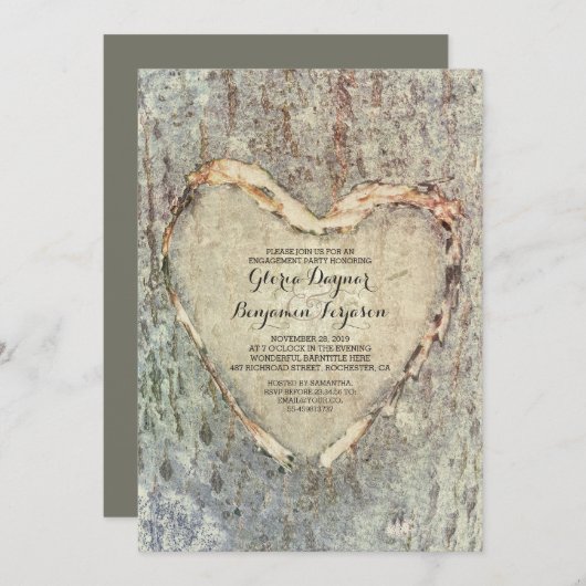 Rustiek gesneden hartboom  verlovingsfeest kaart (Voorkant / Achterkant)