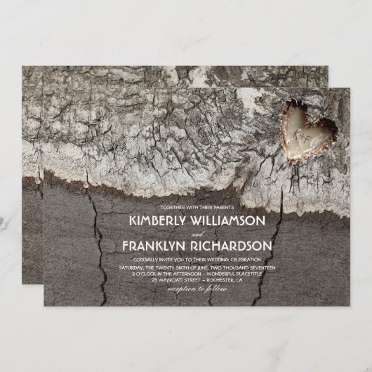 Rustiek gesneden hout hart boom bruiloft kaart (Voorkant / Achterkant)