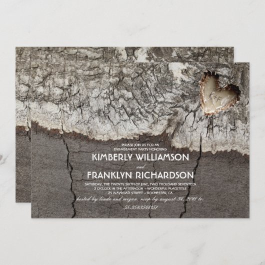 Rustiek gesneden hout hart boom verlovingsfeest kaart (Voorkant / Achterkant)