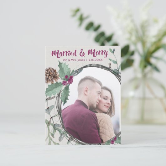 Rustiek getrouwd & vrolijk kalligrafie vakantiefot feestdagenkaart (Staand voorkant)