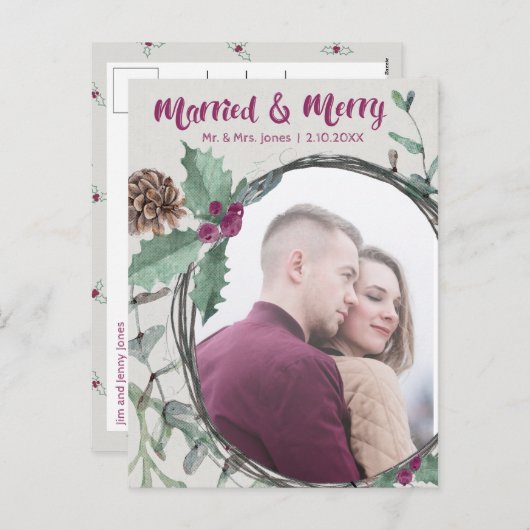 Rustiek getrouwd & vrolijk kalligrafie vakantiefot feestdagenkaart (Voorkant / Achterkant)