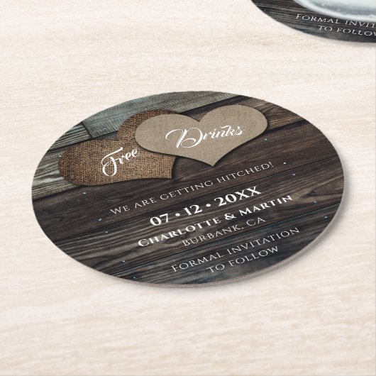 Rustiek Getting Hitched Bewaar de datum Onderzette Ronde Kartonnen Onderzetter (Gebogen)