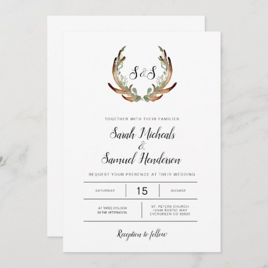 Rustiek gewei & donker groen Waterverf bruiloft Kaart (Voorkant / Achterkant)