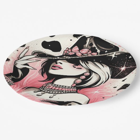 Rustiek Glam Cowgirl Roze Sparkle Koeienhuid Verja Papieren Bordje (Gekanteld)