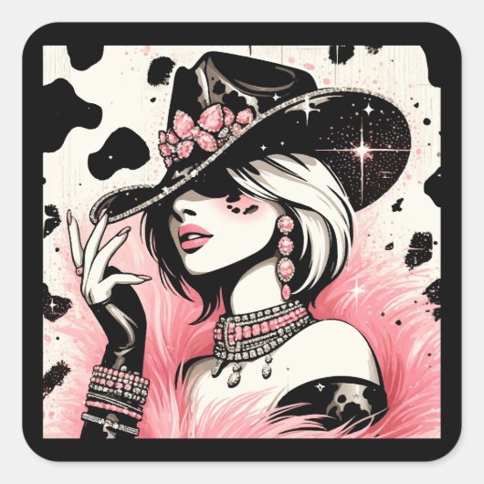 Rustiek Glam Cowgirl Roze Sparkle Koeienhuid Verja Vierkante Sticker (Voorkant)