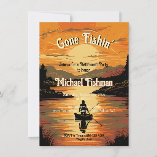 Rustiek Gone Fishin' Retirement Gevist houtsnede Kaart (Voorkant)