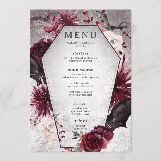 Rustiek Gothic Zwart & Bourgondië Halloween Bruilo Menu (Voorkant)