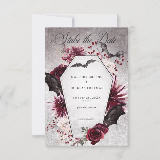 Rustiek Gothic Zwart & Bourgondië Halloween Bruilo Save The Date (Voorkant)