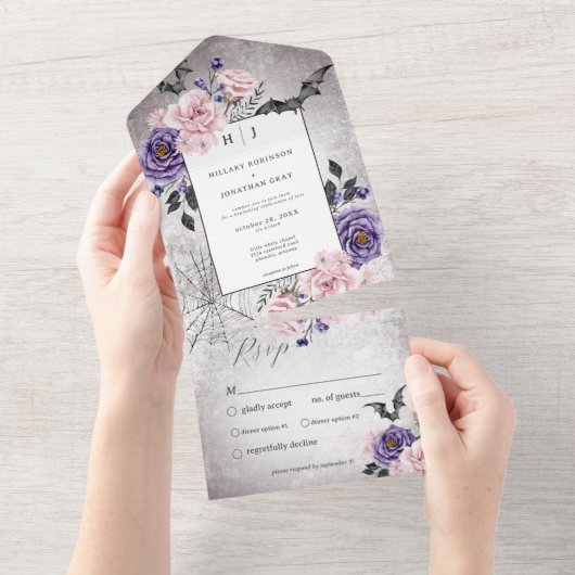 Rustiek Gotisch Roze & Paarse Halloween Diner All In One Uitnodiging (Afscheurbaar)