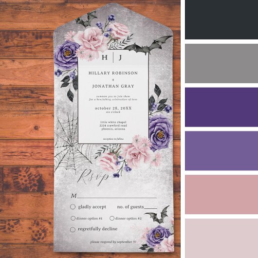 Rustiek Gotisch Roze & Paarse Halloween Diner All In One Uitnodiging