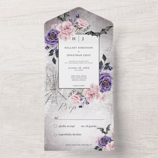 Rustiek Gotisch Roze & Paarse Halloween Geen Diner All In One Uitnodiging (Binnen)