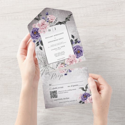 Rustiek Gotisch Roze & Paarse Halloween QR Code All In One Uitnodiging (Afscheurbaar)