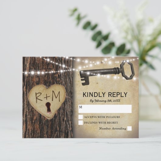 Rustiek Gotisch Skelet Key & Tree Heart RSVP (Staand voorkant)