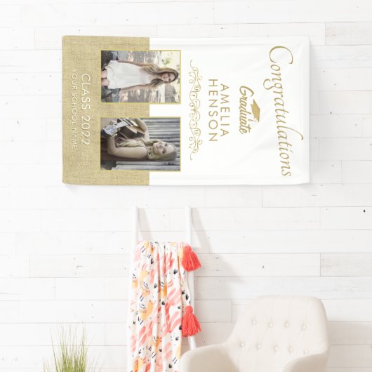 Rustiek Goud Afstuderen 2 Foto Graduation Party Spandoek (Insitu)