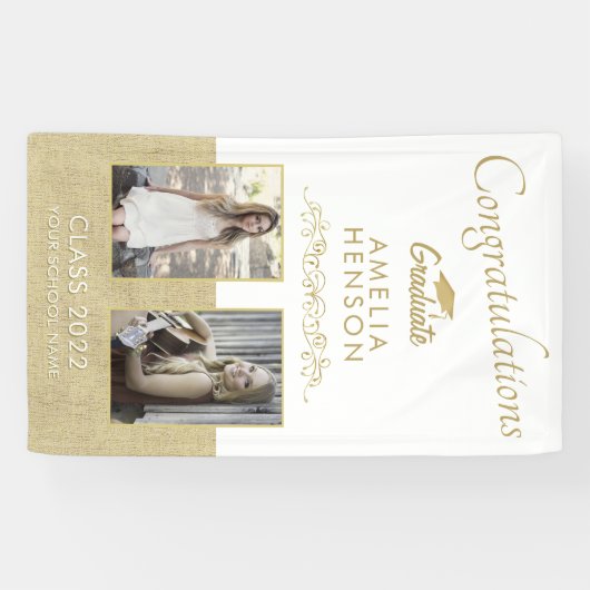 Rustiek Goud Afstuderen 2 Foto Graduation Party Spandoek (Horizontaal)