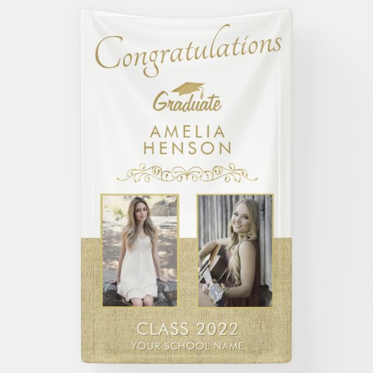Rustiek Goud Afstuderen 2 Foto Graduation Party Spandoek (Verticaal)