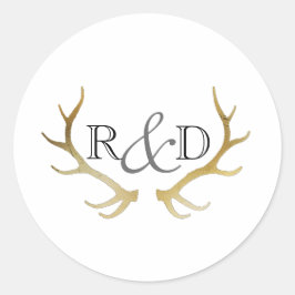 Rustiek Goud Antler | Elegant Initiaal bruiloft Ronde Sticker