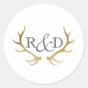 Rustiek Goud Antler Elegant Initiaal bruiloft Ronde Sticker