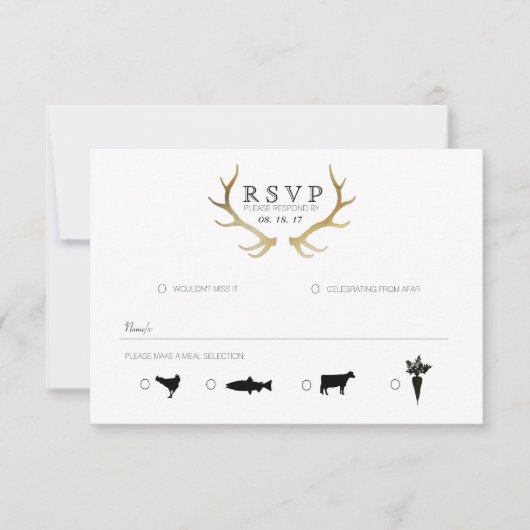 Rustiek Goud Antler | Elegante RSVP Kaartje (Voorkant)