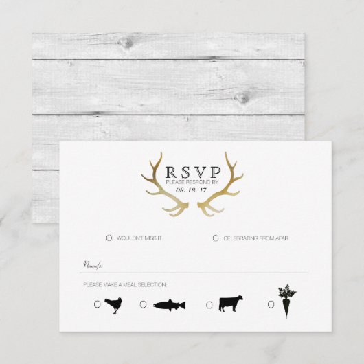 Rustiek Goud Antler | Elegante RSVP Kaartje (Voorkant / Achterkant)
