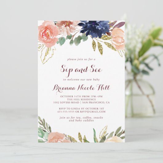 Rustiek Goud Bladeren Bloemenkalligrafie Sip and S Kaart (Staand voorkant)