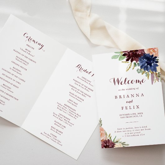 Rustiek Goud Bladeren Kalligrafie Gevouwen Bruilof Programma