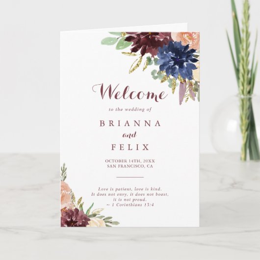 Rustiek Goud Bladeren Kalligrafie Gevouwen Bruilof Programma (Voorkant)