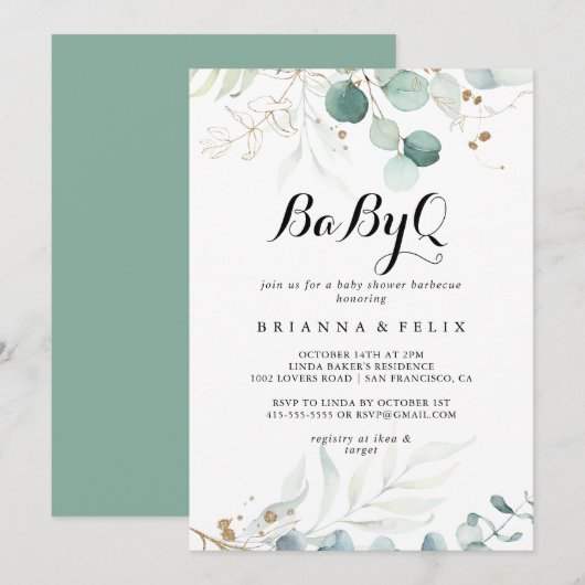 Rustiek Goud Bloemen BabyQ Baby shower Barbecue Kaart (Voorkant / Achterkant)