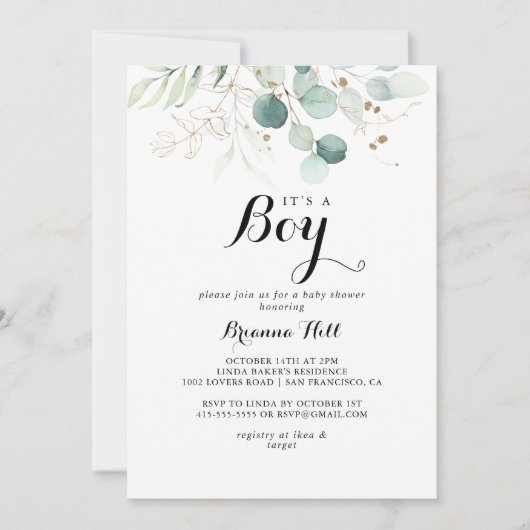 Rustiek Goud Bloemen Het is een Jongen Baby shower Kaart (Voorkant)